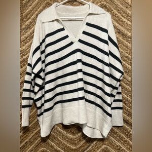 Loft Women's Oversized Striped V Neck Sweater,Black and Cream Colored,Size S